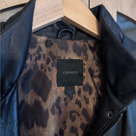 Express Black Genuine Leather Moto Jacket Women Large Leopard Lining Biker - Picture 7 of 8